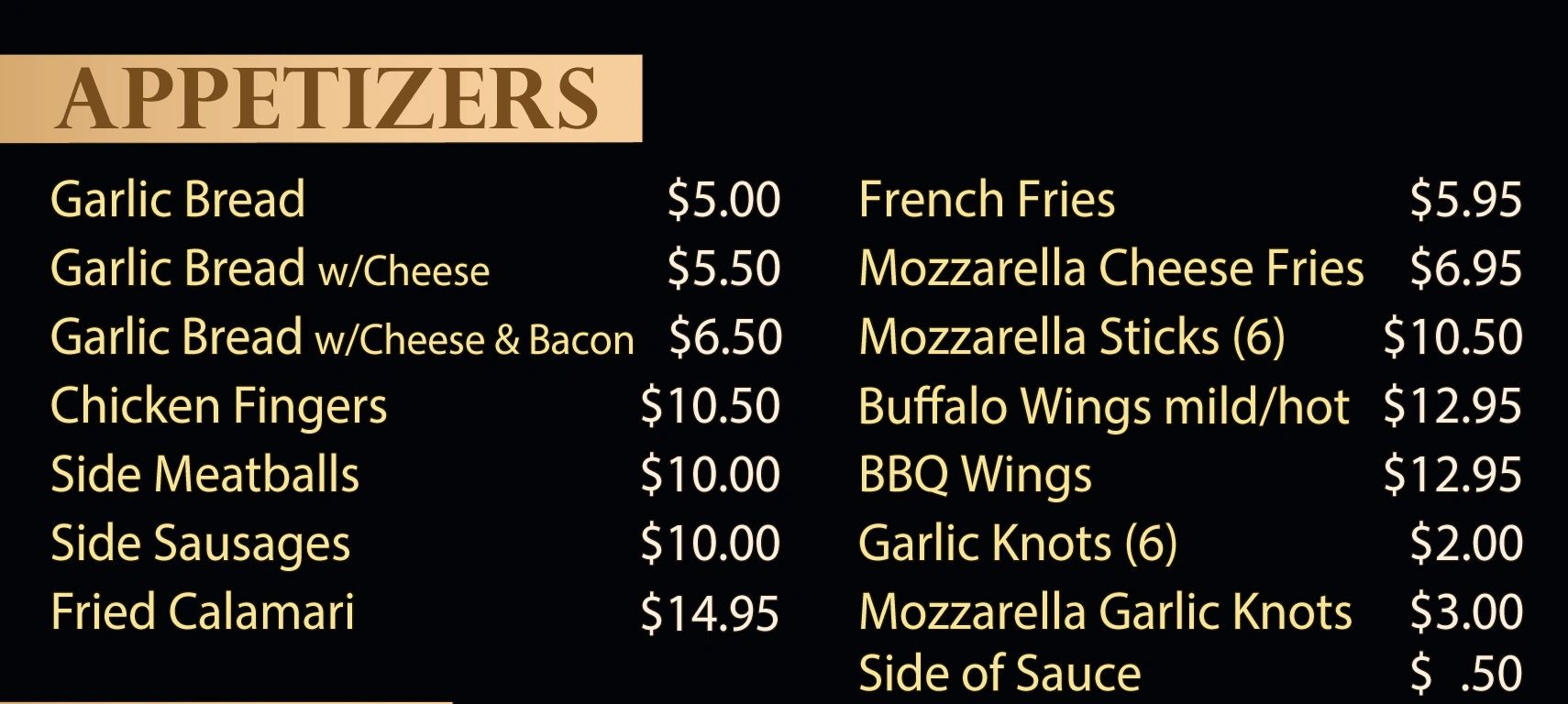 Appetizer menu with prices from $0.50 to $14.95.