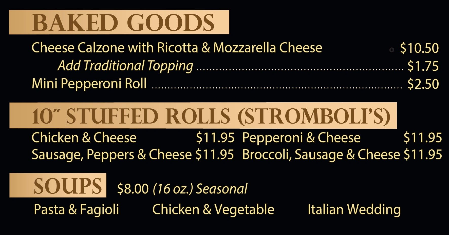 Menu with baked goods, stuffed rolls, and soups with prices.