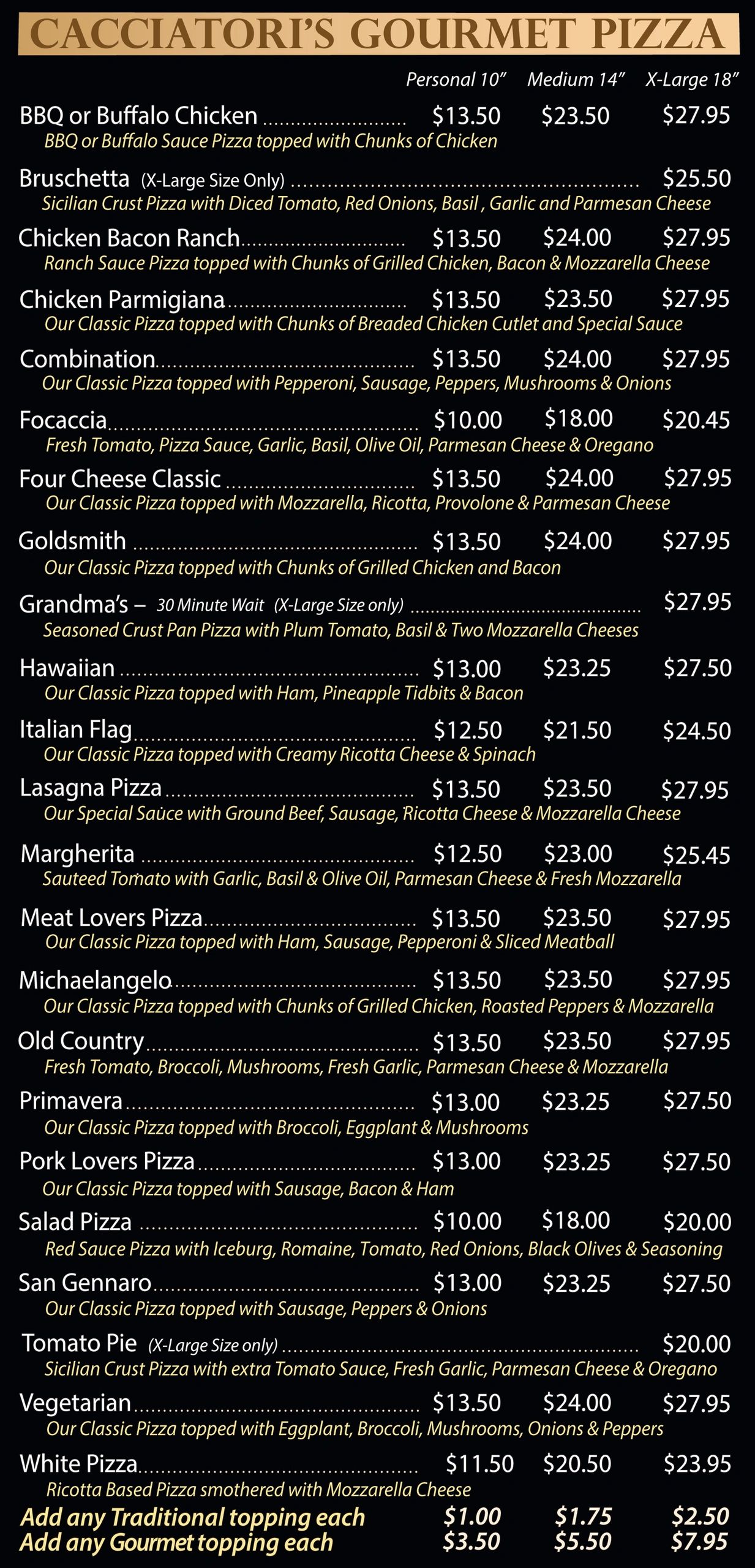 Menu of Cacciatori's Gourmet Pizza with various options and prices.