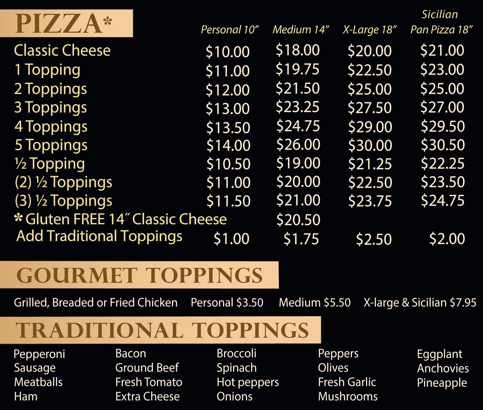 Pizza menu with prices for different sizes and toppings.