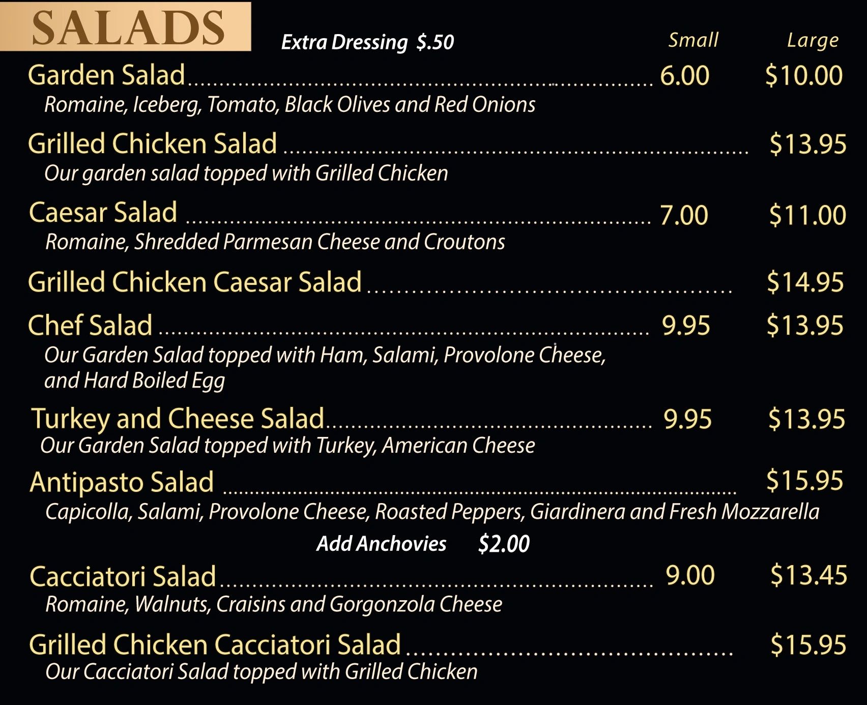 Menu listing various salads with prices and ingredients.
