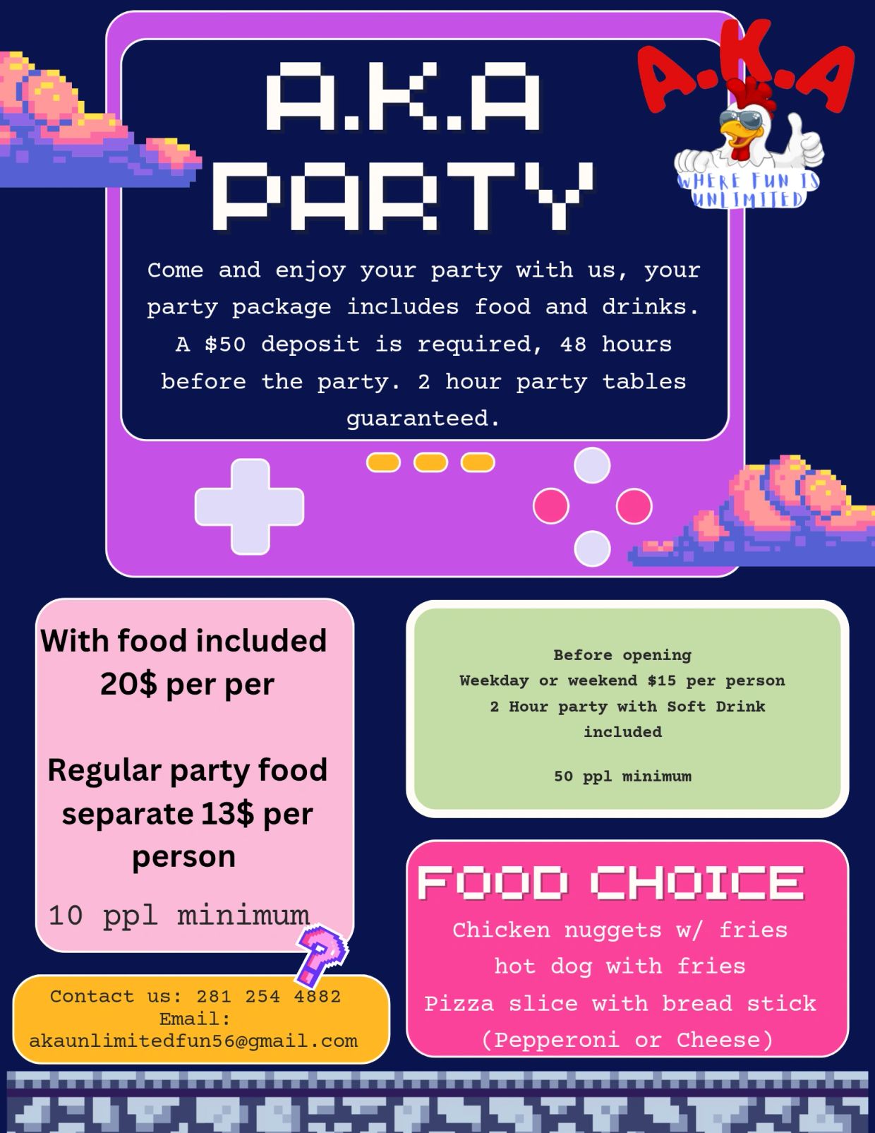 Party package offer with food, drinks, and pricing details.
