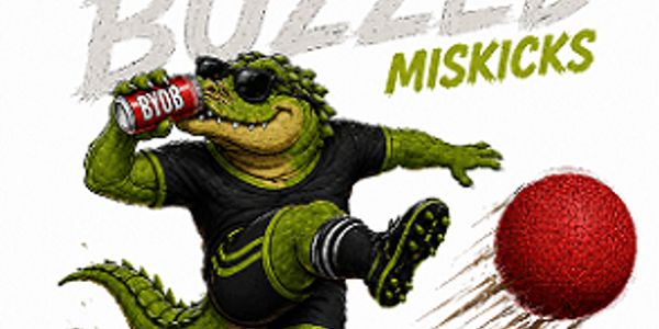 Cartoon alligator in soccer gear kicking a red ball while drinking a can labeled BYOB.