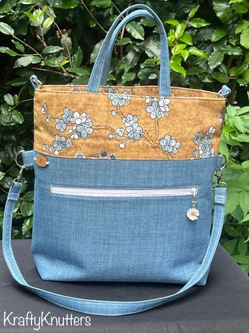 Handmade Foldover Tote / Crossbody Bag with Contrasting Blossom Panel