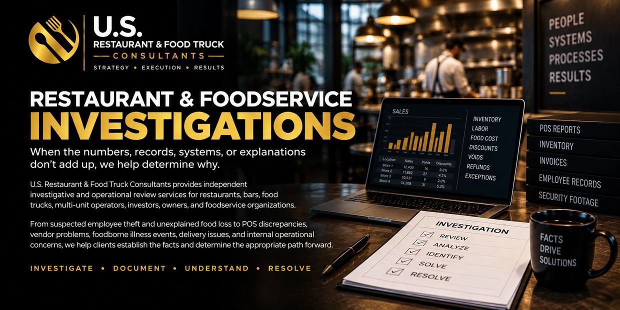 Advertisement for restaurant and foodservice investigative consulting by U.S. Restaurant &amp; Food Truck Consultants.