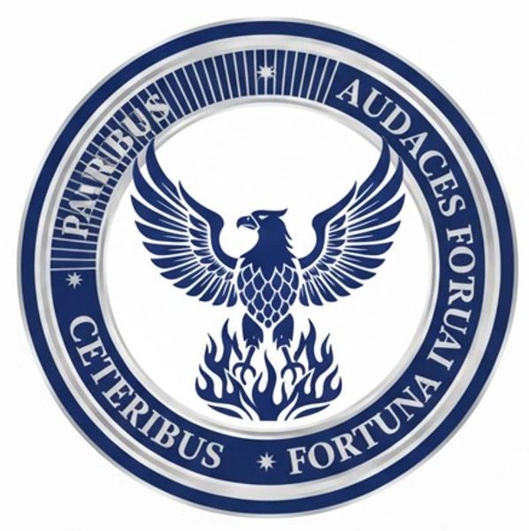 Blue and white emblem with a phoenix rising from flames and Latin text.