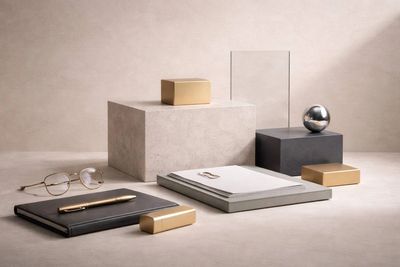 Minimalist still life of geometric objects and documents.