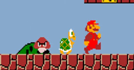 Classic 8-bit Mario game scene with Mario, a Koopa Troopa, and a Goomba.