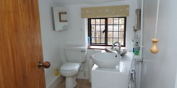 Small bathroom with white fixtures and a wooden door.