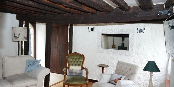 Cozy rustic living room with exposed wooden beams and vintage furniture.