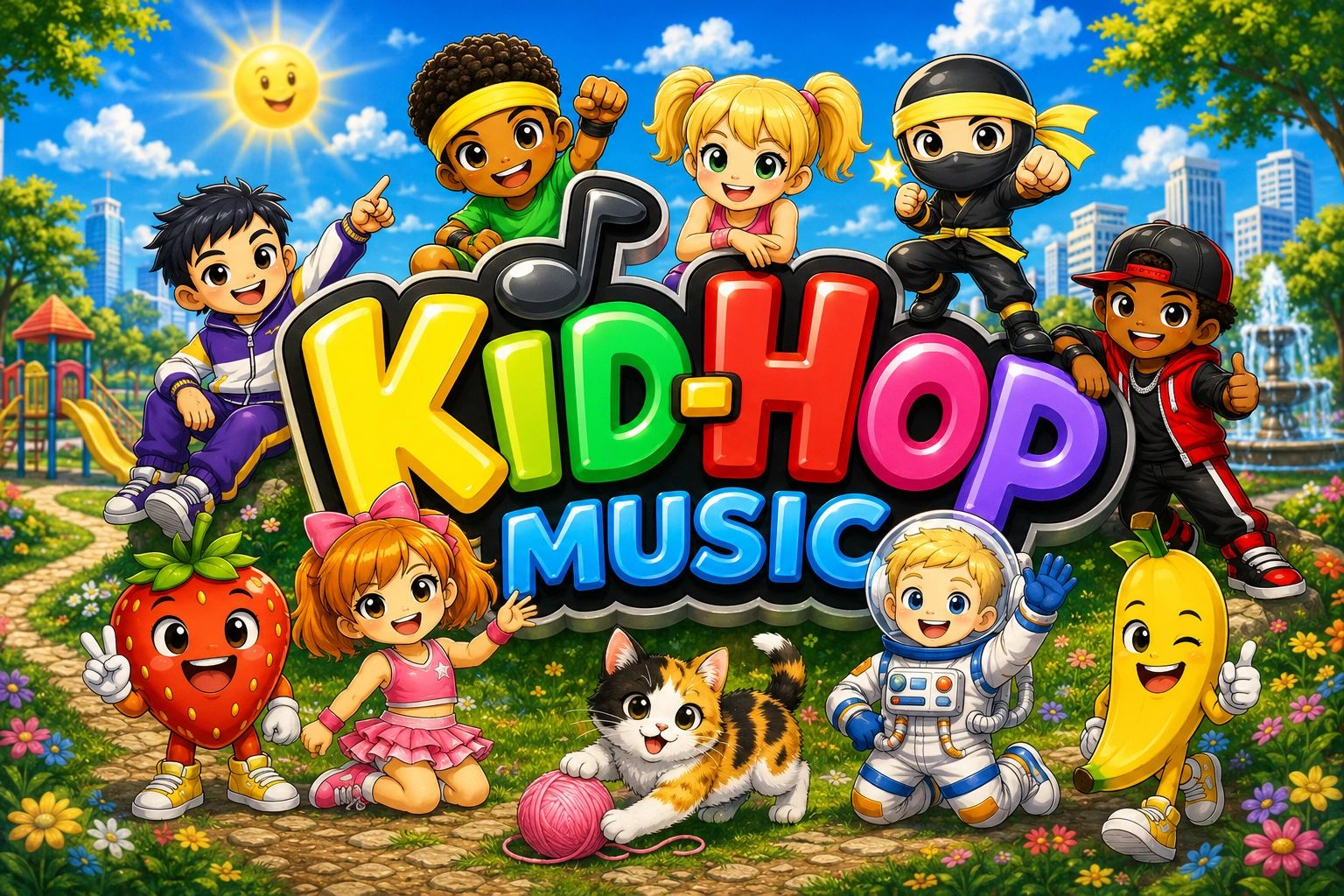 Kid-Hop Music logo surrounded by colourful children's characters representing fun songs, educational music and printable activities.