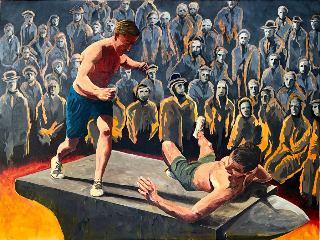 two boxers fighting on a steel anvil.  In the background, a large crowd of hollow faced people watch