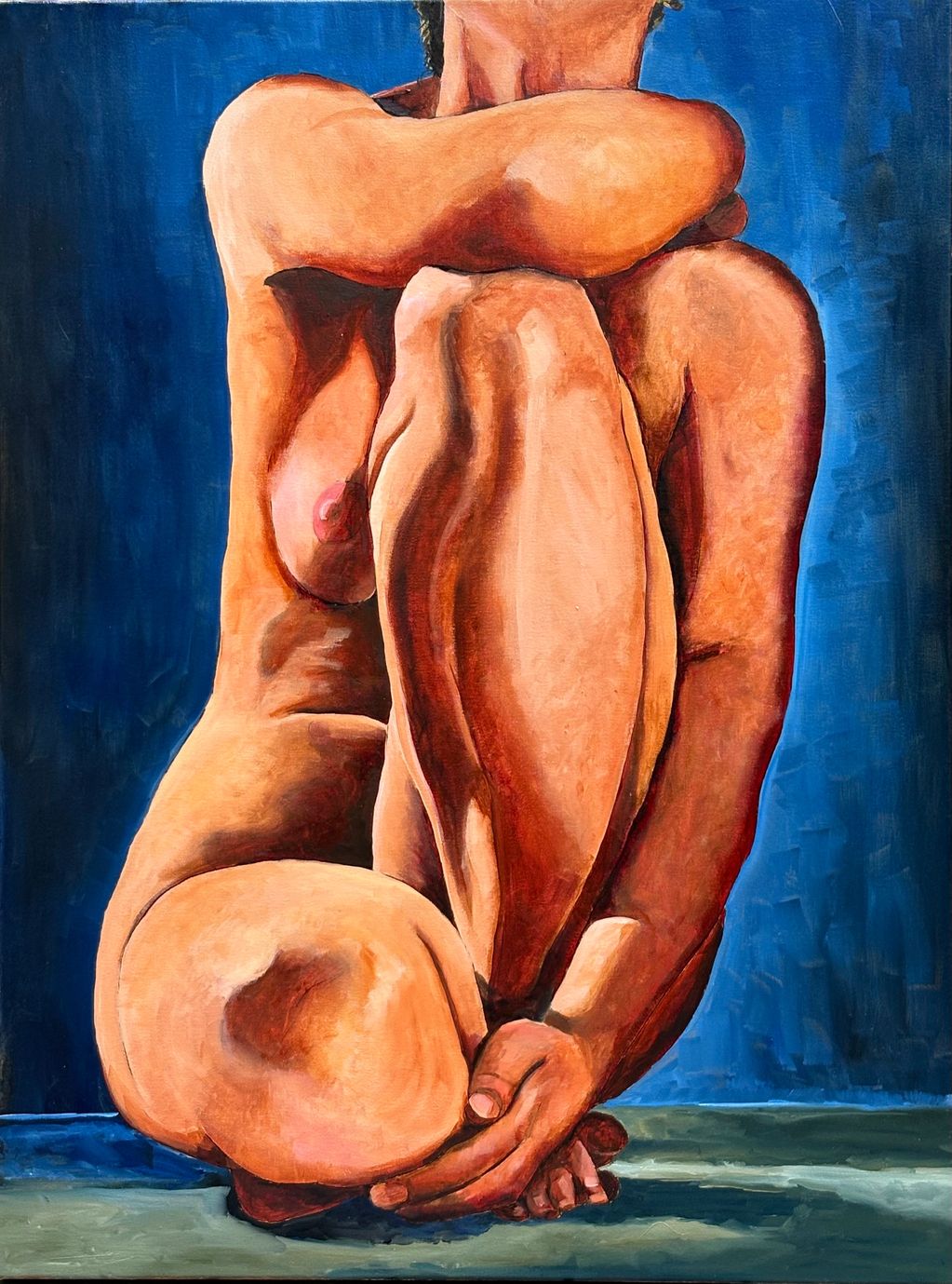 warm toned nude based on vintage B+W photo by Ruth Bernard, oil on canvas 30 x 40"