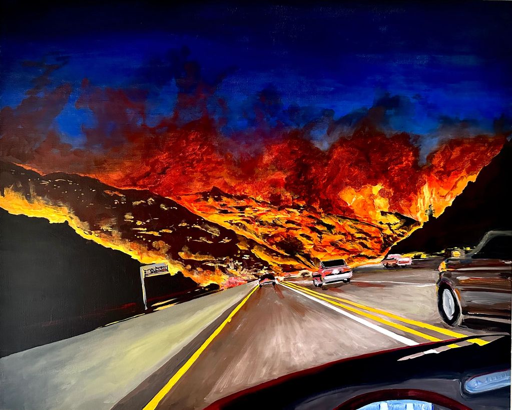 driving on freeway during fire, 405 freeway driving POV night, Los Angeles