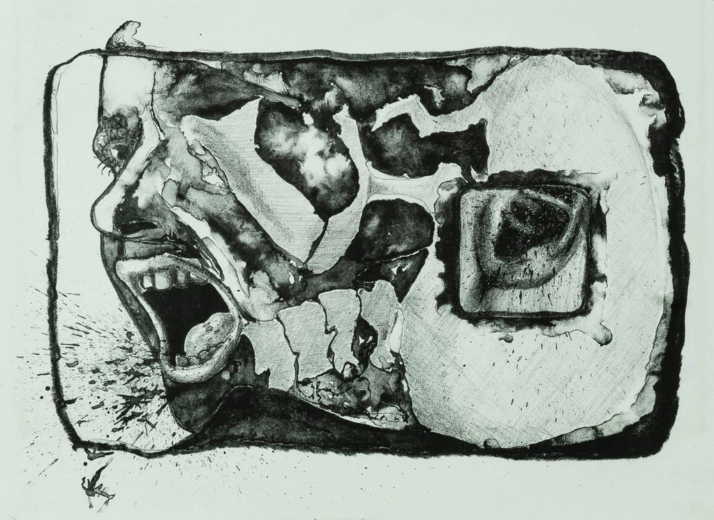 lithograph, scream, skull, surreal, superimpose