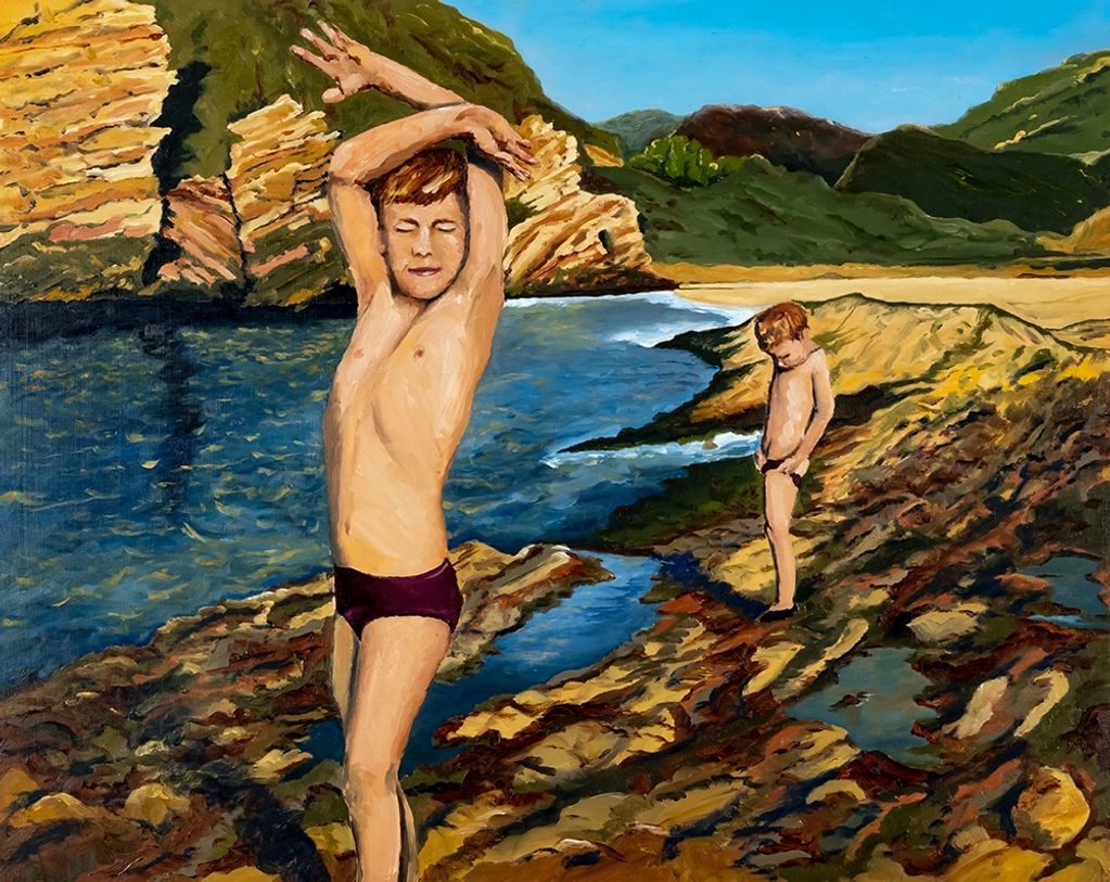 boys, seashore, tide pool, summer, figures, landscape, California, swimming, sunny, shadows, water