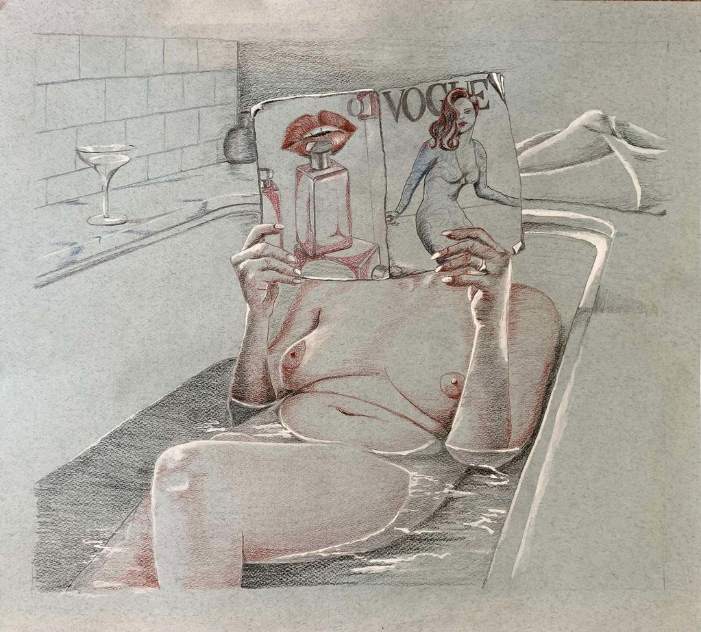 woman in bathtub reading magazine, martini glass nearby