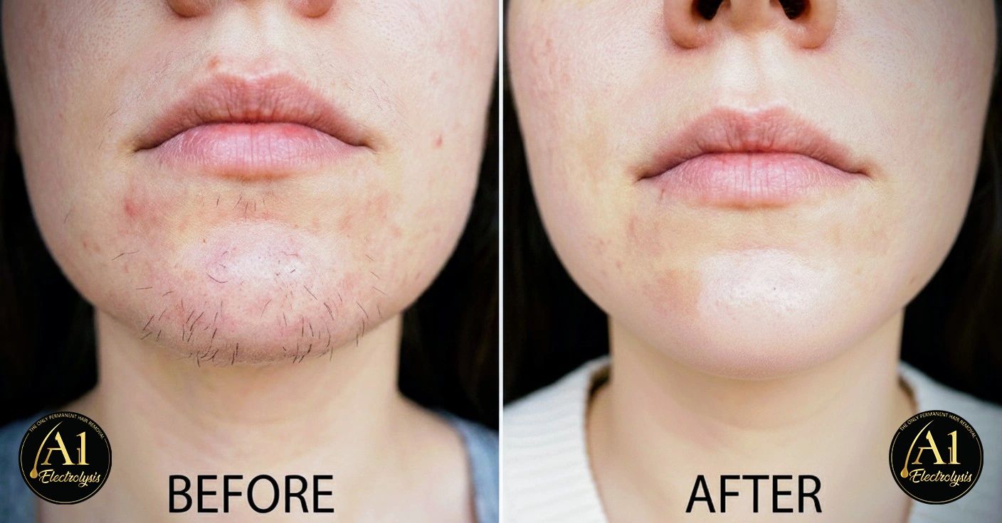 Before and after facial hair removal treatment on the chin area.