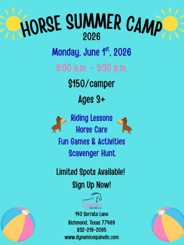 Bright flyer for 2026 Horse Summer Camp with activities and registration info.