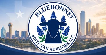 Logo of Bluebonnet State Tax Advisors with a city skyline background.