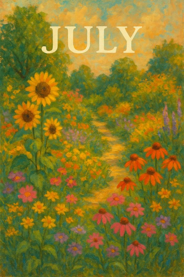 A colorful July garden filled with vibrant flowers.