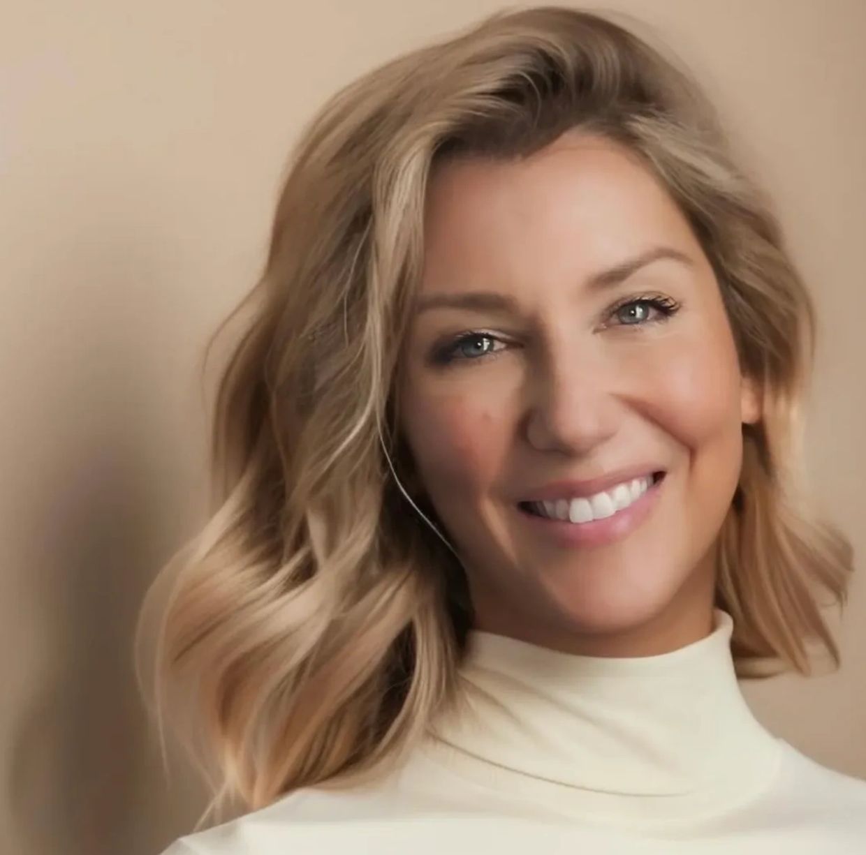 Smiling woman with blonde hair in a white turtleneck against a beige background.