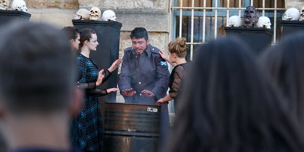 Ivo Gruev, Eleonora Rossi, Martha Ibbotson and Beth Burns in Macbeth, 2019, at Oxford Castle.