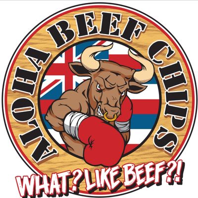 Logo of Aloha Beef Chips featuring a fierce bull with boxing gloves.