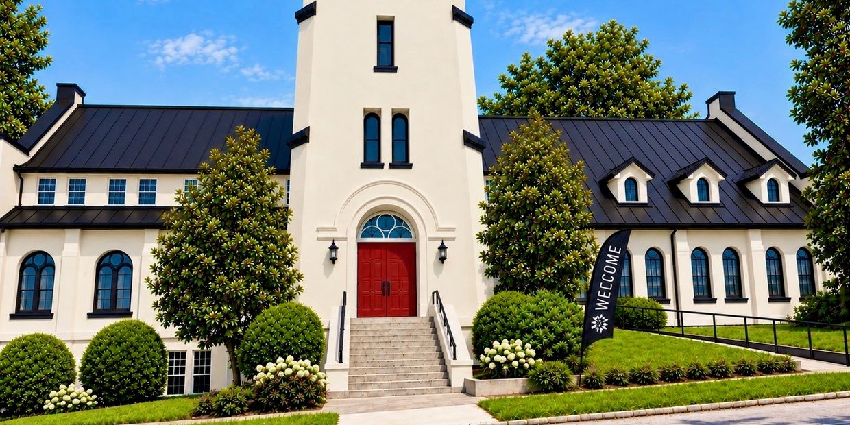 Beautiful white building with red door and welcoming sign.