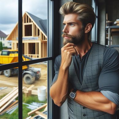 L'inspecteur examine une maison neuve. L'expert en bâtiment réfléchit avant de rédiger son rapport.

