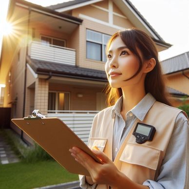 L'inspectrice examine une toiture et les avant-toits. ElIe fait le relevé de son inspection préachat.