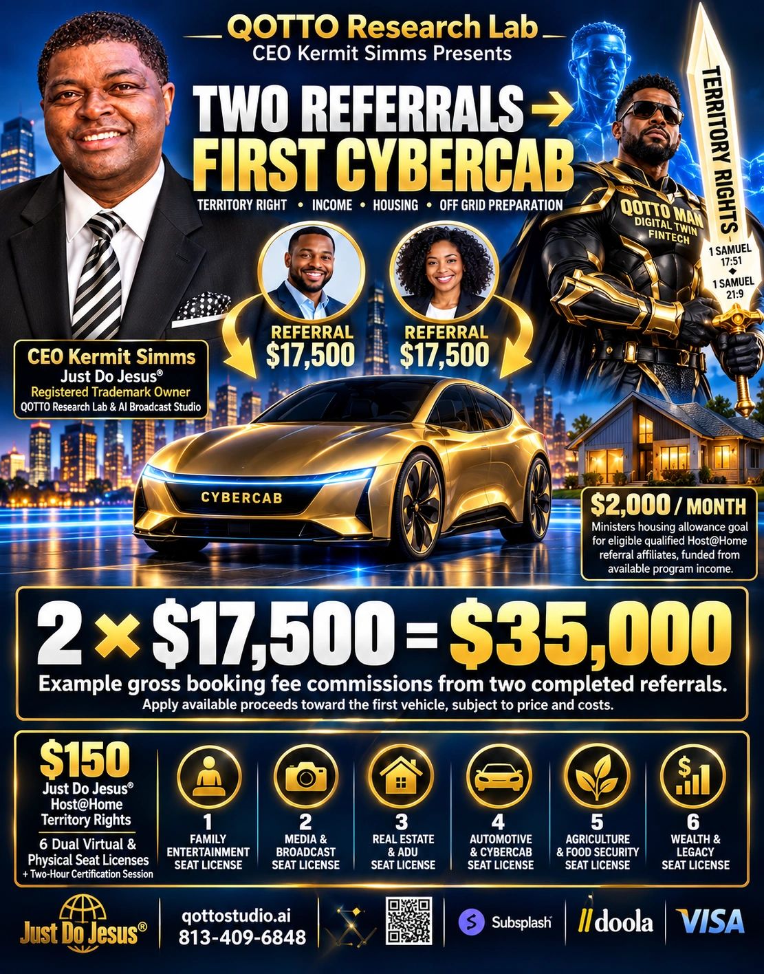 Promotional graphic for QOTTO Research Lab's Cybercab referrals with CEO Kermit Simms.