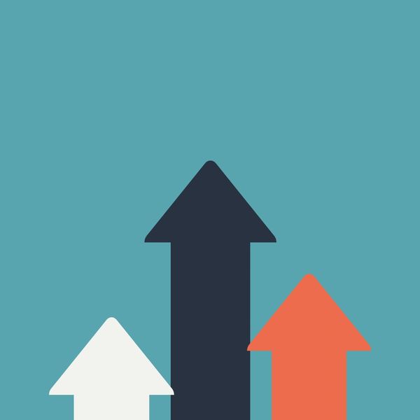 Simple illustration of a multi-coloured arrows in white, navy and red on a nteal blue blackground