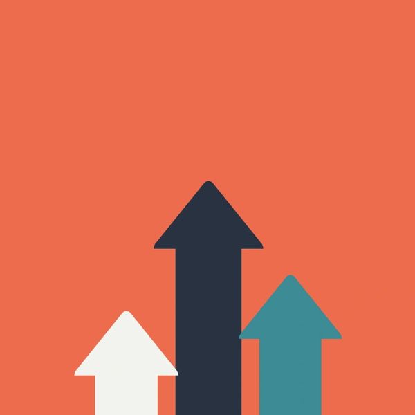 Simple illustration of a multi-coloured arrows in white, navy and teal blue on a red background