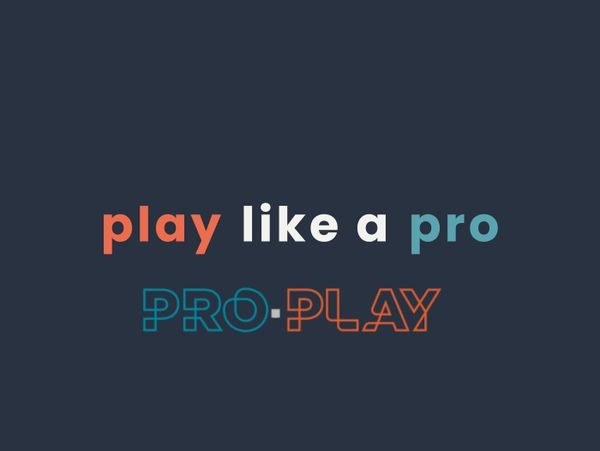Wording says play like a pro. Pro Play. In red, white and teal blue on a navy background