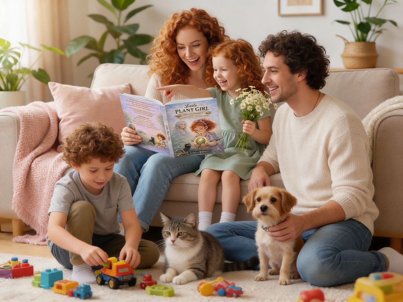 A joyful family reading together in a cozy living room.