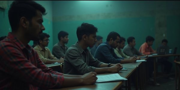 A group of men attentively sitting in a classroom or meeting room.