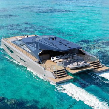 Modern luxury yacht cruising on clear turquoise waters.