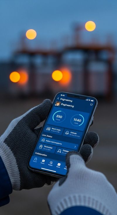 Person using a smartphone with an engineering app in a dim outdoor setting.