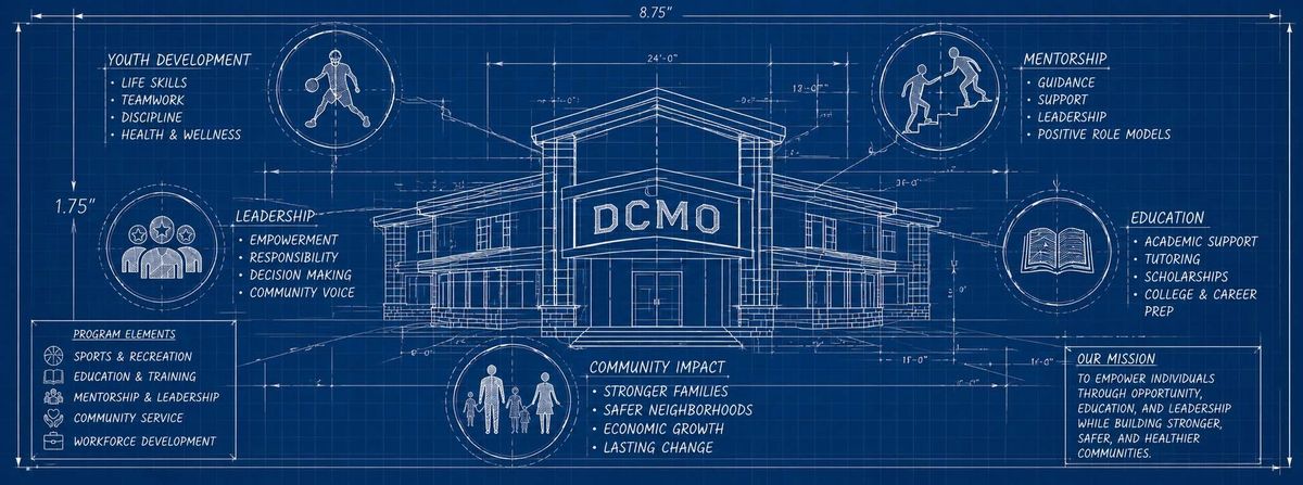 Blueprint illustration of a DCMO building with community and educational elements