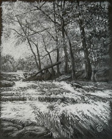 black and white landscape, pastel drawing on canson black paper