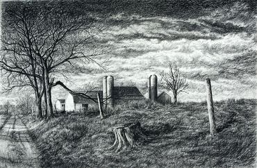 black and white landscape, charcoal drawing on bristol paper