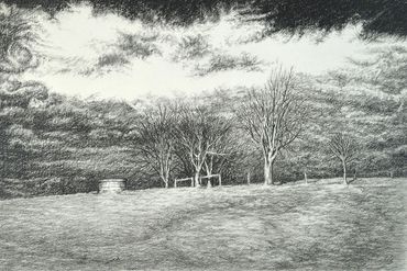 black and white landscape, charcoal drawing on bristol paper