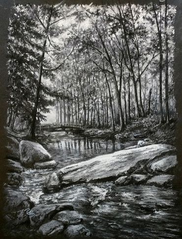 black and white landscape, pastel drawing on canson black paper