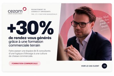 Annonce publicitaire pour une formation commerciale terrain avec +30% de rendez-vous générés.