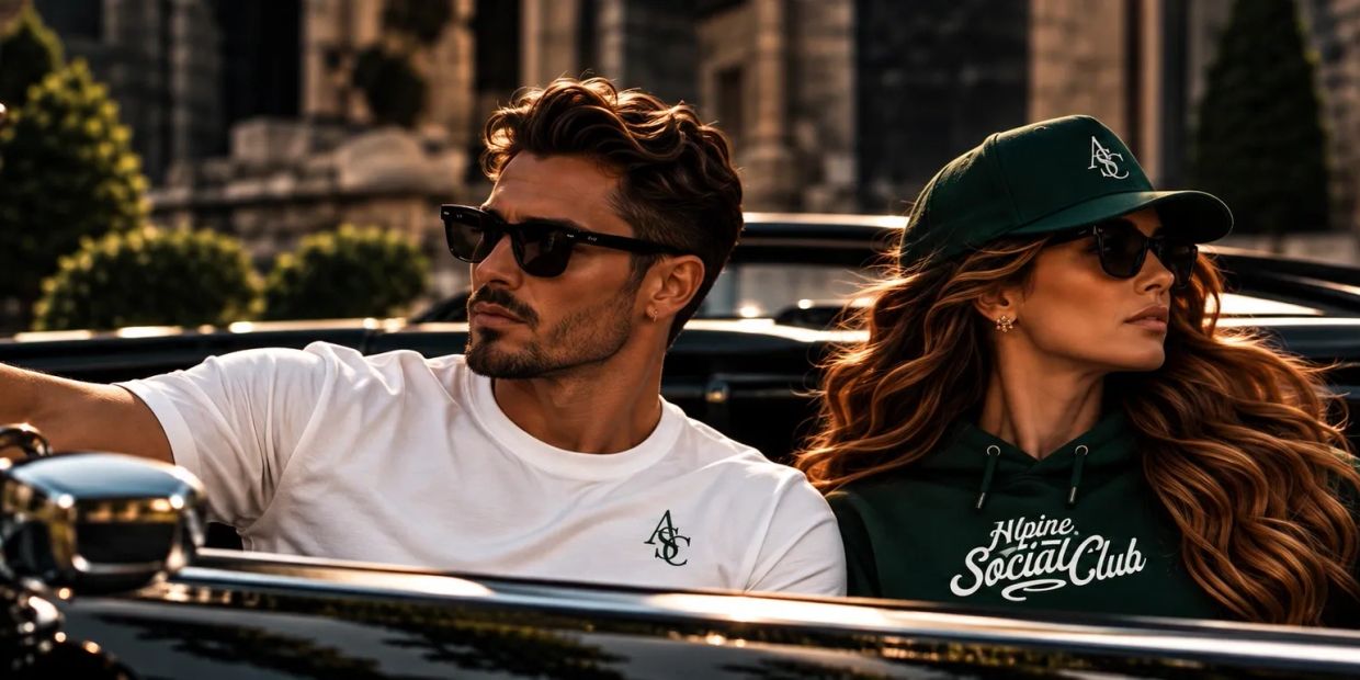 Stylish couple wearing sunglasses in a vintage car.
