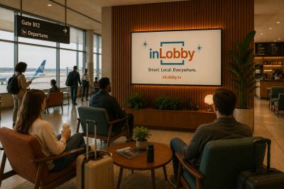 Travelers relax in an airport lounge with a digital screen displaying inLobby.