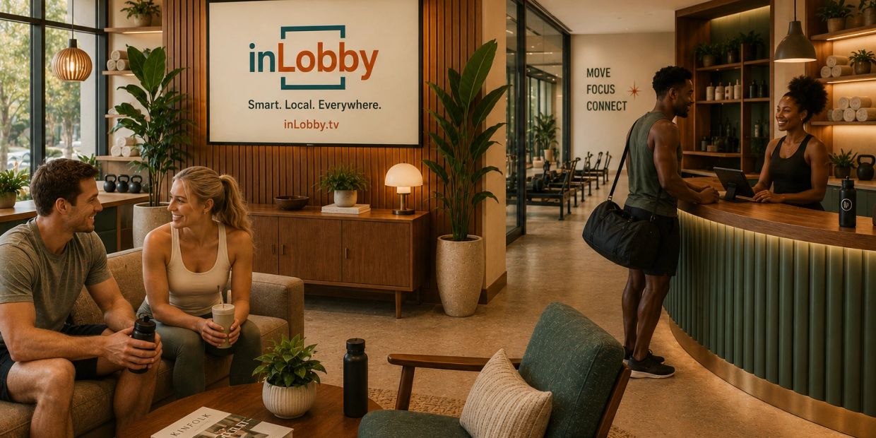 People interacting and relaxing in a modern gym lobby with warm decor.