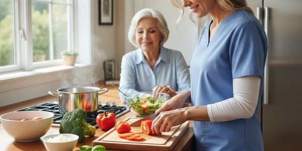 A caregiver chops vegetables while an elderly woman watches happily.
