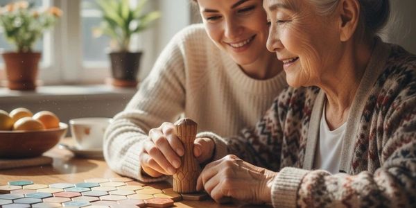 Young woman and elderly lady playing a board game together, sharing smiles.